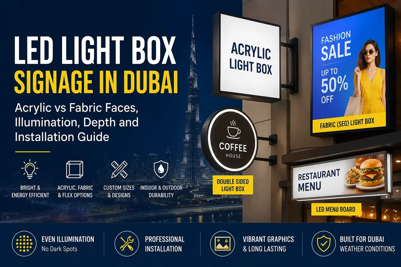 LED Light Box Signage in Dubai: Acrylic vs Fabric Faces, Illumination, Depth and Installation Guide