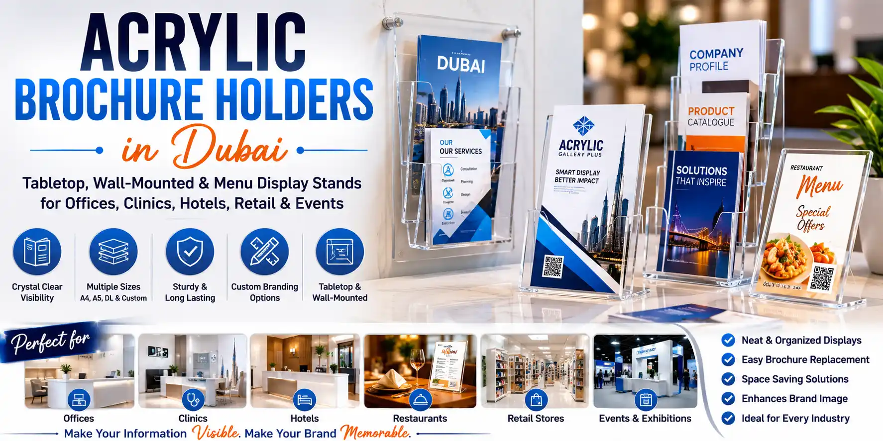 Acrylic Brochure Holders in Dubai: Tabletop, Wall-Mounted and Menu Display Stands for Offices, Clinics, Hotels and Events