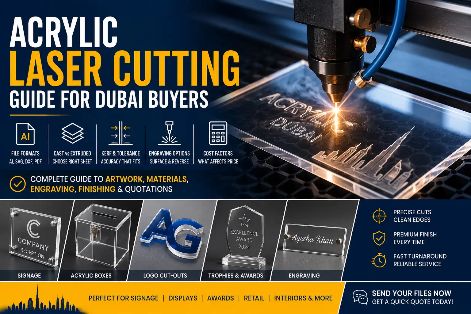 Acrylic Laser Cutting Guide for Dubai Buyers: File Formats, Cast vs Extruded Sheets, Kerf, Engraving and Cost Factors